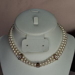 Vintage 1928 Double Strand Faux Pearl Gold Tone Flower Crystals Choker Necklace